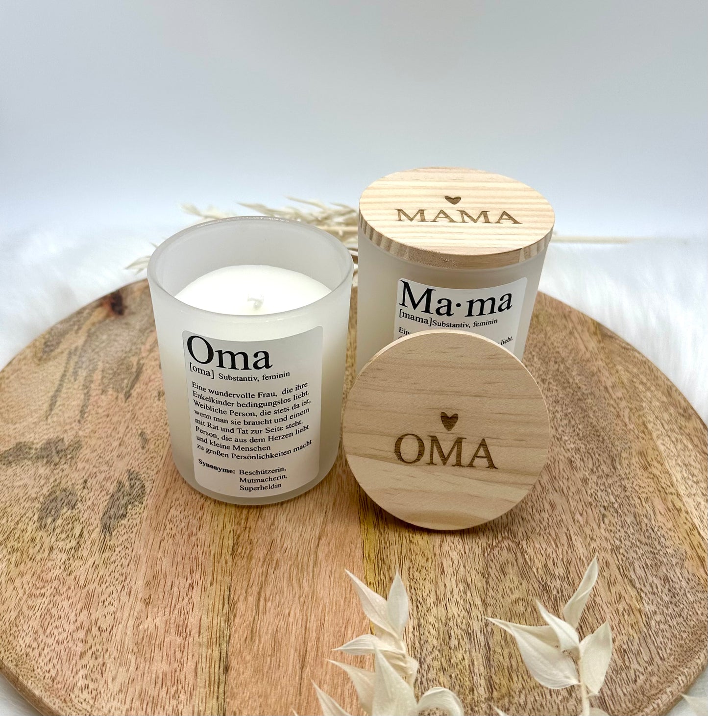 Geschenk zu Muttertag, Kerze Muttertag, mit dem Duft: Fresh Flower, Holzdeckel mit MAMA oder OMA graviert. Aufdruck, Mama oder Oma, mit Geschenkverpackung