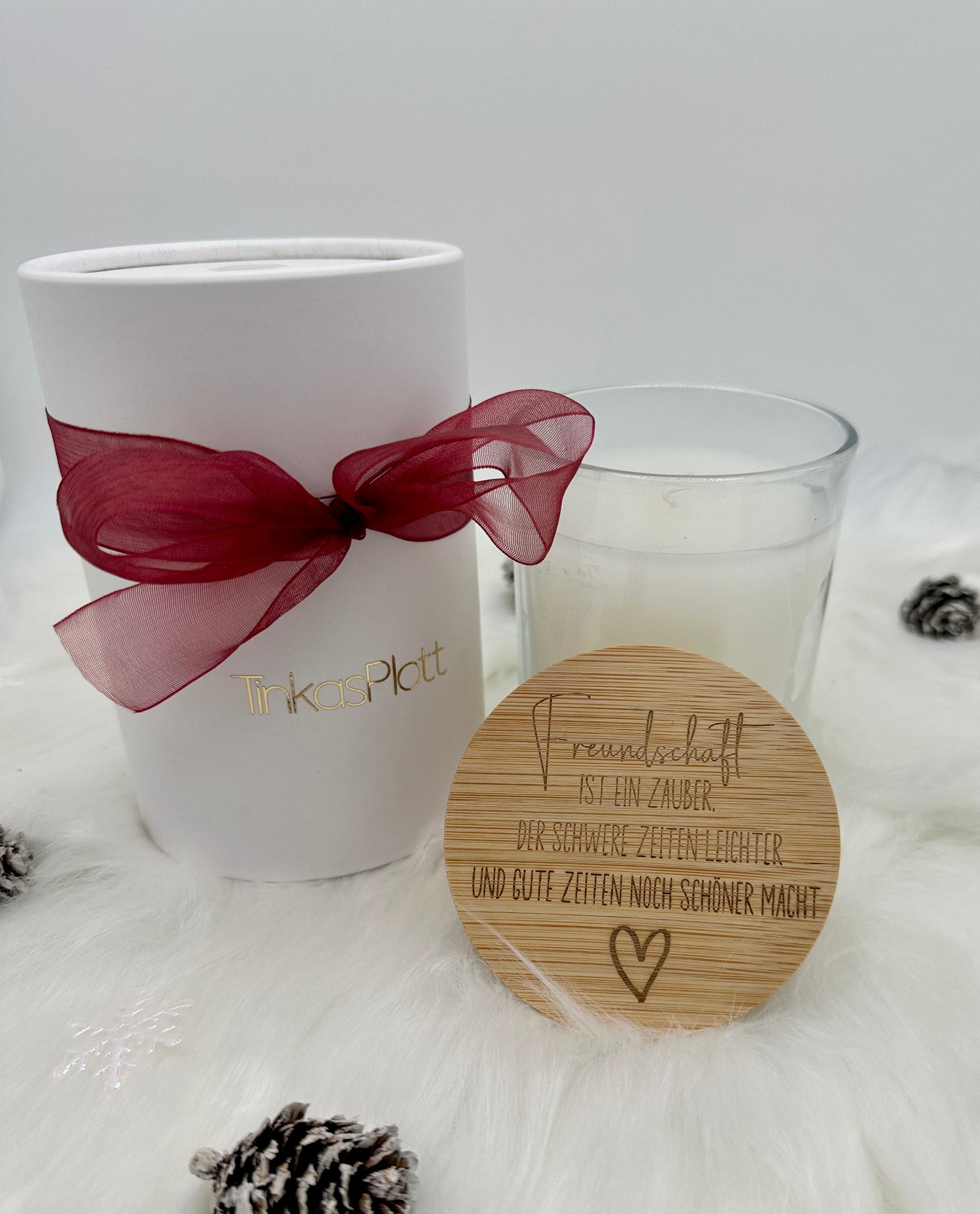 Freundschafts-Duftkerze mit Bambusdeckel, gravierter Spruch und Vanilleduft, Geschenk.