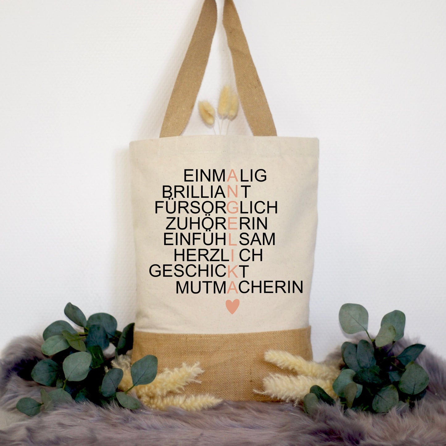 Tasche mit Namen - Jutetasche personalisiert - Geschenk für Freundin - Tasche mit langen Henkel