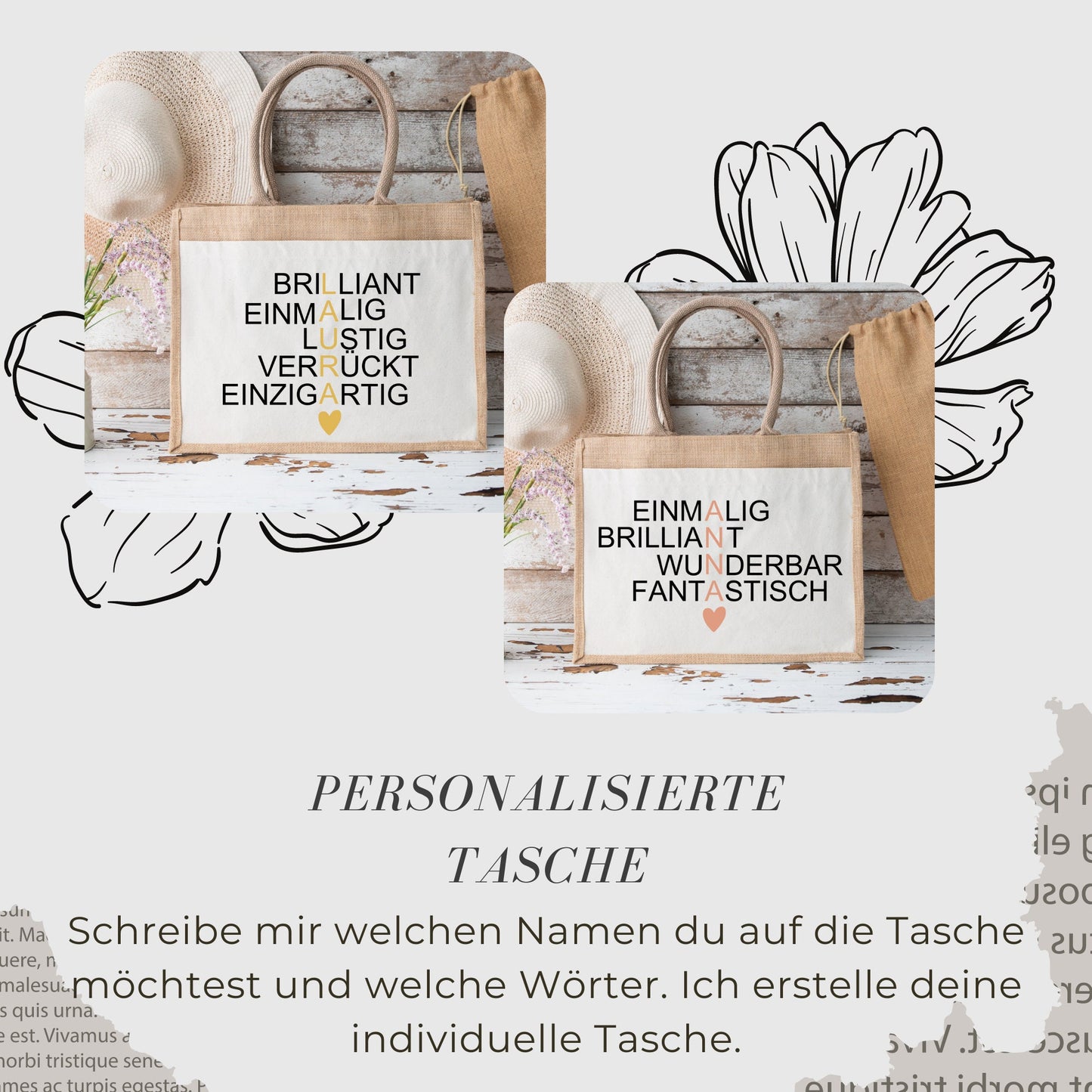 Jutetasche mit Namen - Jutetasche personalisiert - Geschenk für Freundin - Juteshopper - Shopper - Einkaufstasche