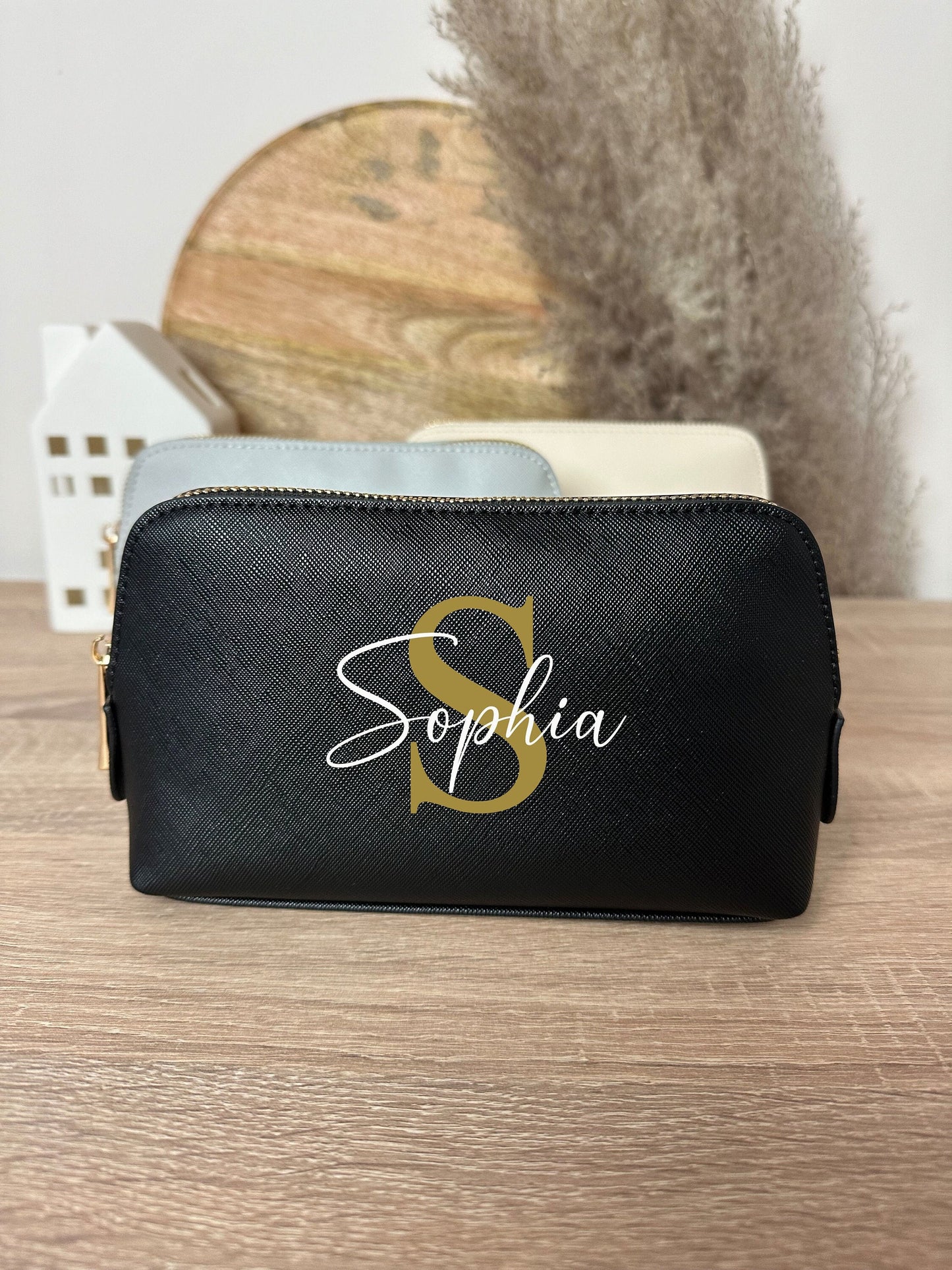 Personalisierte Kosmetiktasche mit Name  - Muttertag - Schminktasche - Geburtstag - Beste Freundin - Kulturtasche - grau - schwarz - beige