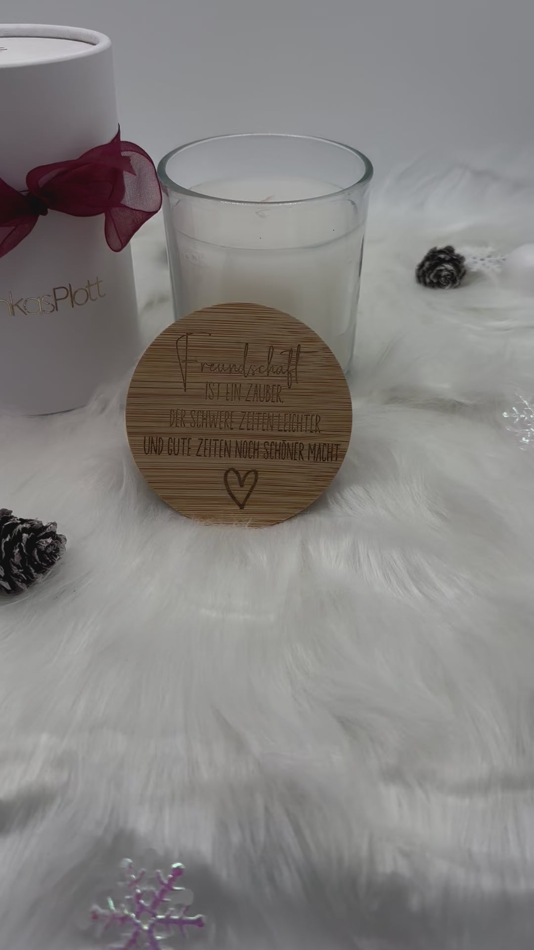 Freundschafts-Duftkerze im Glas, Bambusdeckel mit Gravur, Vanilleduft, Geschenk für Freunde.